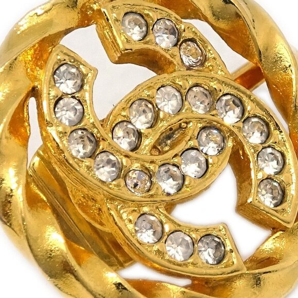 Chanel Gold Button Earrings Clip-On Rhinestone 2137 124549 - Picture 2 of 4